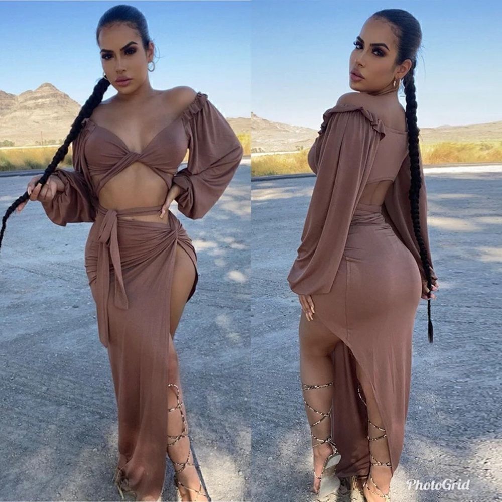 Brown High Slit Knot Skirt and Ruffle Wrap Tie Crop Top Vacation Co-Ord Set